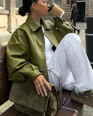 Faux Leather Bomber Jacket In Green Turndown Collar Spring Outerwear For Women 2025