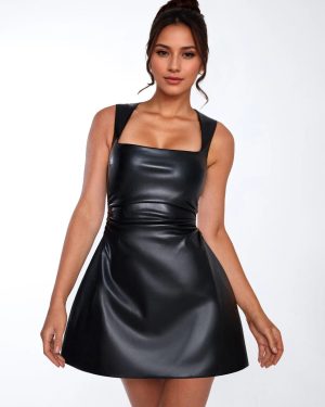 Faux Leather Dress Square Neck Ruched Waist A-line Mini Club Dress For Women 2025