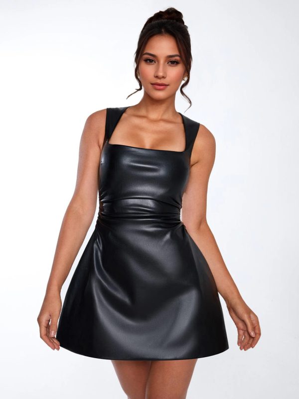 Faux Leather Dress Square Neck Ruched Waist A-line Mini Club Dress For Women 2025
