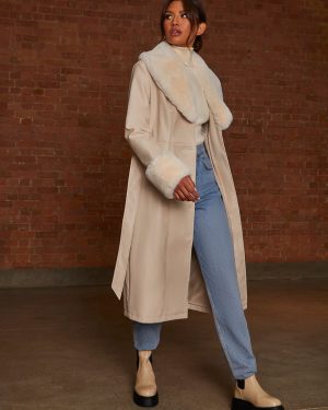 Faux Leather Longline Coat with Faux Fur Trim in Taupe - 8