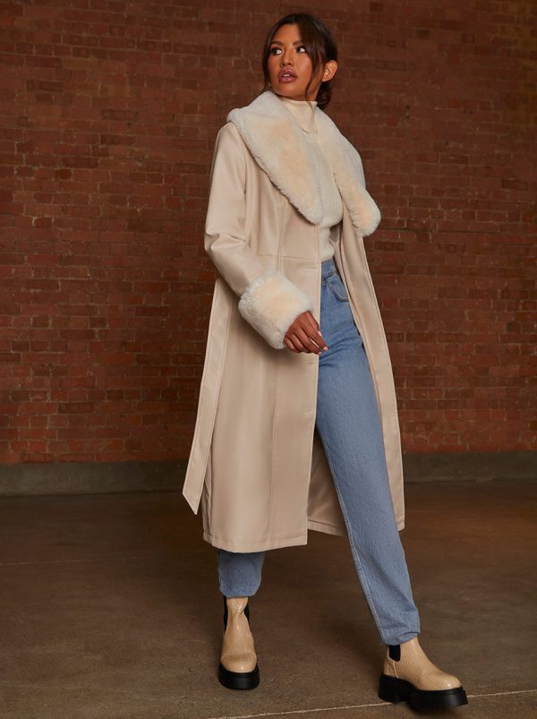 Faux Leather Longline Coat with Faux Fur Trim in Taupe - 8