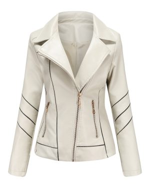 Faux Leather Moto Jacket Ecru White PU Two Tone Lapel Zipper Spring Fall Field Biker Outerwear for Women