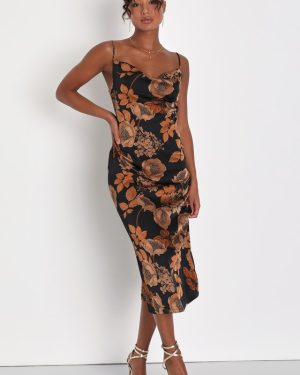 Favorite Icon Black Floral Satin Cowl Neck Slip Midi Dress