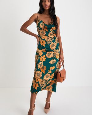Favorite Icon Green Floral Satin Cowl Neck Slip Midi Dress