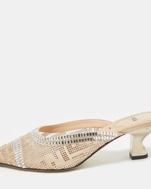 Fendi Beige Mesh Crystal Embellished Colibri Heel Mules Size 35