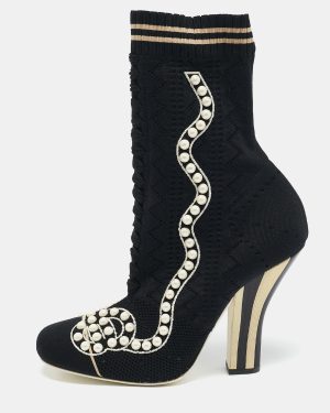 Fendi Black Knit Fabric Pearl Embellished Sock Ankle Boots Size 40