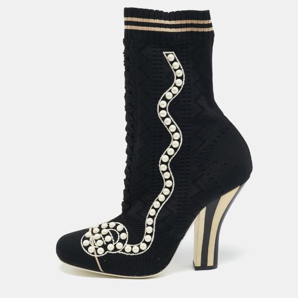 Fendi Black Knit Fabric Pearl Embellished Sock Ankle Boots Size 40