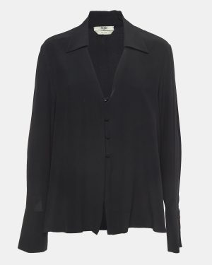 Fendi Black Silk V Neck Collared Button Front Shirt L