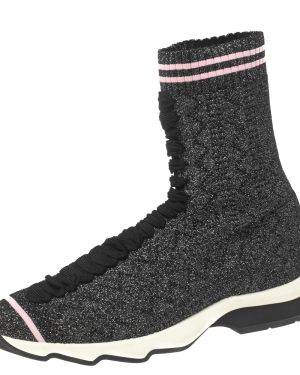 Fendi Black/Silver Glitter Knit Fabric High-Top Sock Sneakers Size 38