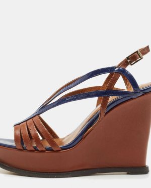Fendi Brown/Blue Leather Fendista Strappy Platform Wedge Sandals Size 38.5