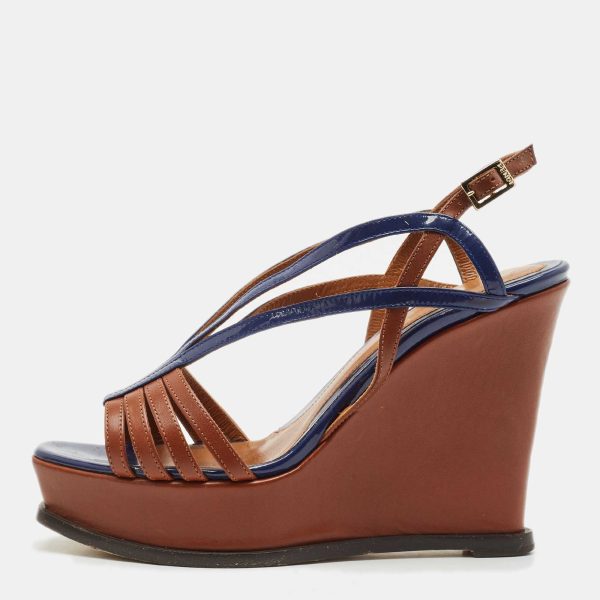 Fendi Brown/Blue Leather Fendista Strappy Platform Wedge Sandals Size 38.5