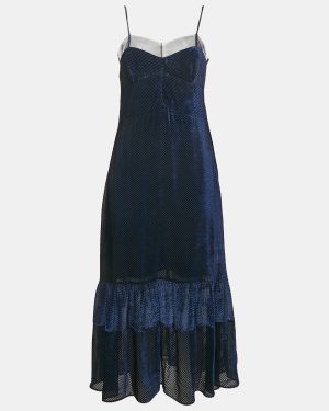 Fendi Navy Blue Diagonal Stripe Velvet Flounce Long Dress S
