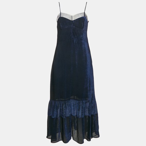 Fendi Navy Blue Diagonal Stripe Velvet Flounce Long Dress S