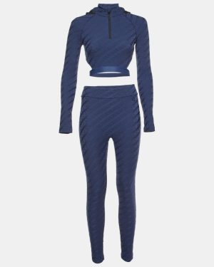 Fendi Navy Blue FF Logo Jersey Crop Top & Leggings Set S/M