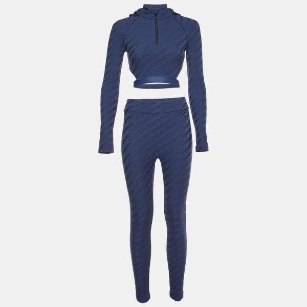 Fendi Navy Blue FF Logo Jersey Crop Top & Leggings Set S/M
