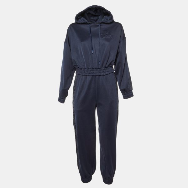Fendi Navy Blue Jersey Cropped Hoodie & Trousers Set S