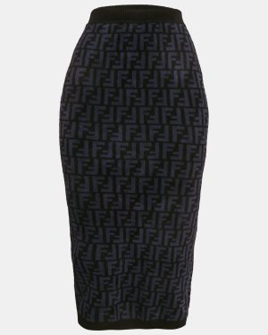 Fendi Navy Blue Zucca Stretch Velvet Pencil Skirt S