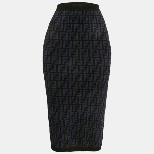 Fendi Navy Blue Zucca Stretch Velvet Pencil Skirt S
