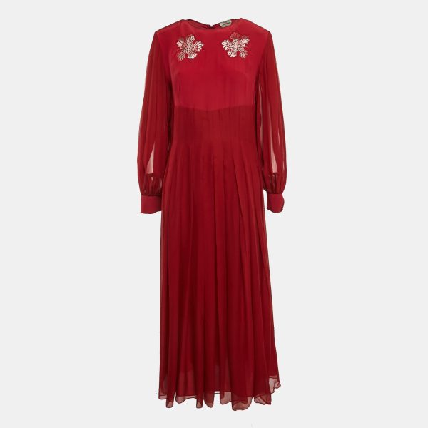 Fendi Red Silk and Crepe Pleated Cocktail Maxi Dress L