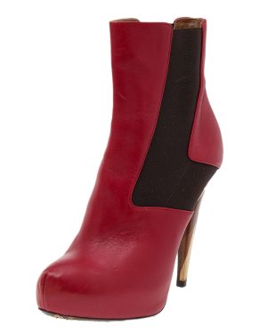 Fendi Red/Brown Leather And Stretch Fabric Platform Ankle Boots Size 37.5