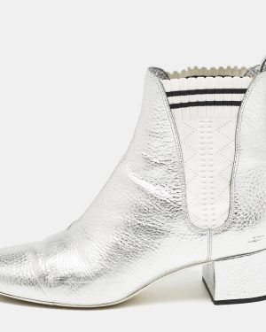 Fendi Silver/White Knit Fabric and Leather Sock Ankle Length Boots Size 38.5