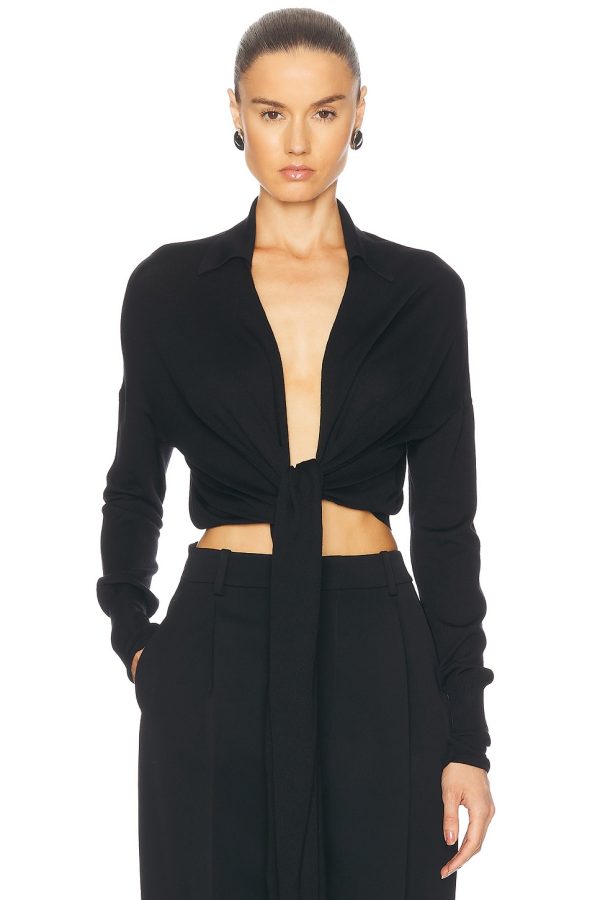 Ferragamo Long Sleeve Wrap Top in Nero - Black. Size L (also in M, XS).