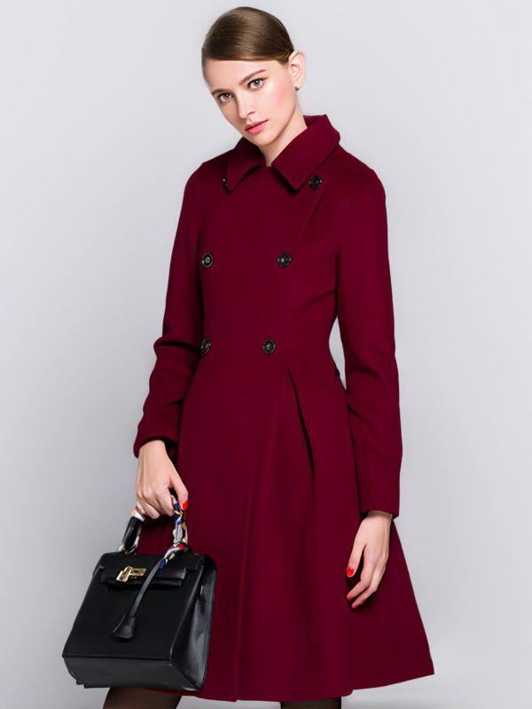 Flared Woolen Coat In Burgundy Double-Breasted Turndown Collar A-line Winter Midi Outerwear For Women 2025