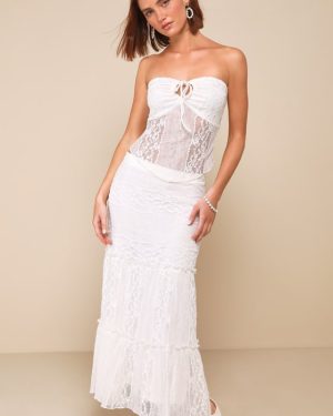 Flawless Breeze Ivory Lace Tiered Strapless Two-Piece Midi Dress