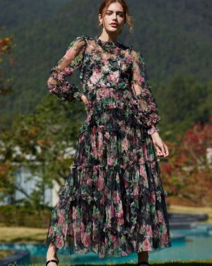 Floral Dress Illusion Neck And Sleeves High Collar Teried Party Maxi Dresses