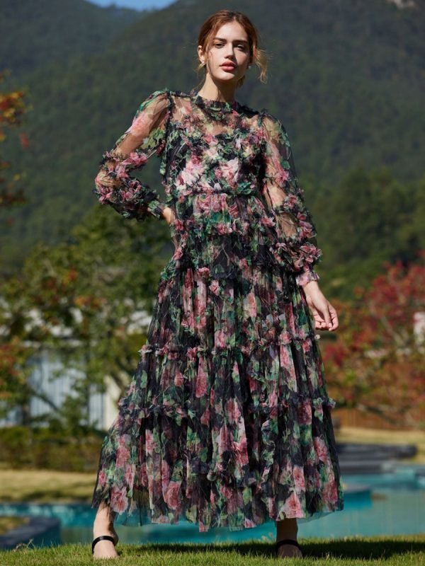 Floral Dress Illusion Neck And Sleeves High Collar Teried Party Maxi Dresses
