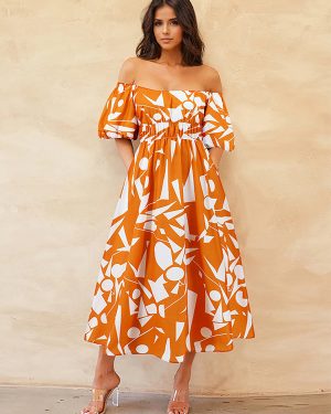Floral Dress Off The Shoulder Puff Sleeves Casual Summer Midi Dresses