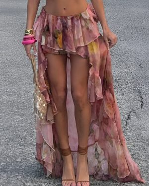 Floral High-low Irregular Hem Layered Long Skirt 2025
