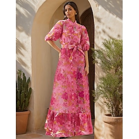 Floral Jacquard Hot PInk A-Line Evening Gown Shirt Dress Formal Wedding Floor Length Short Sleeve Bubble Sleeve Shirt Collar Organza with Ruffles 2025