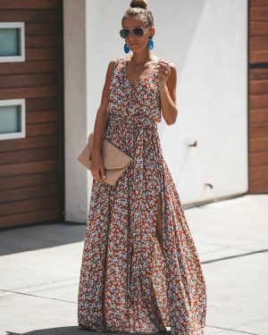 Floral Maxi Dress Sleeveless V Neck Split Summer Dress