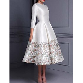 Floral Pink A-Line Cocktail Dresses Elegant Dress Formal Valentine's Day Tea Length 3/4 Length Sleeve Jewel Neck Belt / Sash Satin with Glitter Slit Embroidery