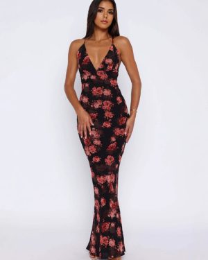 Floral Print Bodycon Maxi Slip Dress With Plunge Neckline 2025
