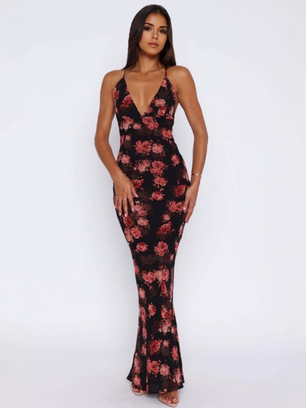 Floral Print Bodycon Maxi Slip Dress With Plunge Neckline 2025