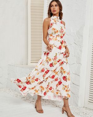 Floral Print Halter Neck Belted Maxi Dress For Summer 2025