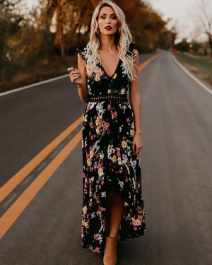 Floral Print Maxi Dress V Neck Backless High Low Split Long Summer Dress
