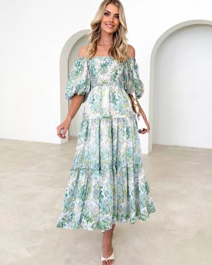 Floral Print Off-Shoulder Shirred Midi Dress For Summer 2025