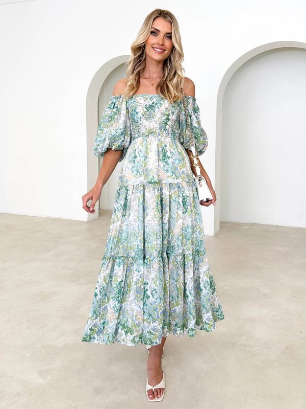 Floral Print Off-Shoulder Shirred Midi Dress For Summer 2025