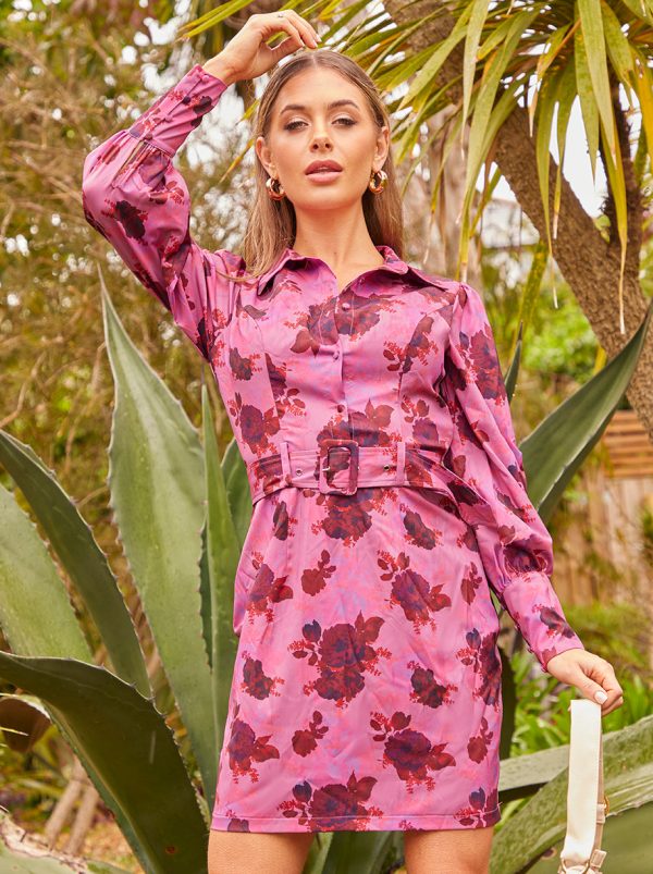 Floral Print Shirt Dress in Pink - 8
