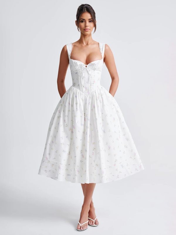 Floral Print Sweetheart Neckline A-line Midi Dress For Summer 2025