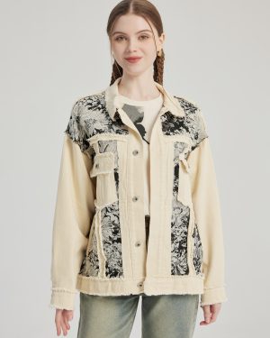 Floral Printed Denim Jacket Turndown Collar Spring Outerwear For Women 2025