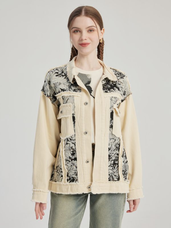 Floral Printed Denim Jacket Turndown Collar Spring Outerwear For Women 2025