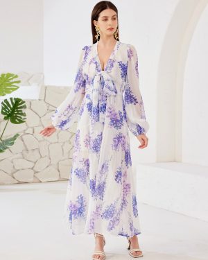 Floral Printed Dress V-neck Lantern Long Sleeve A-line Beach Long Dress For Women 2025