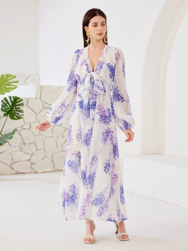 Floral Printed Dress V-neck Lantern Long Sleeve A-line Beach Long Dress For Women 2025