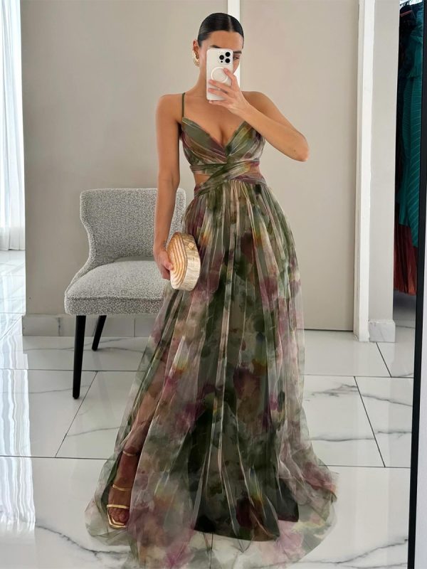 Floral Printed Maxi Strap Dress Cut Out Cross Waist Floor-Length Elegant Long Party Gown For Women 2025