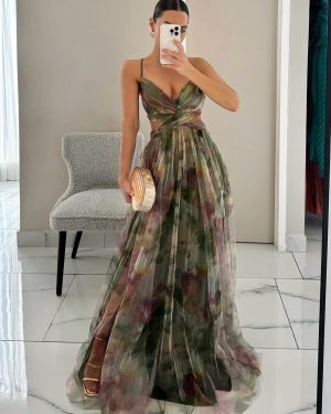 Floral Printed Maxi Strap Dress Cut Out Cross Waist Floor-Length Elegant Long Party Gown For Women 2025