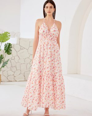 Floral Printed Summer Dress Halter V-neck High Waist Open Back Beach Long Dress For Women 2025